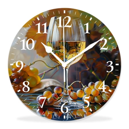 14 Inch Wall Clock Battery Operated Silent Clock Decorative for Office, Kitchen, Outdoor, Living Room,Vintage Wine Grape Red White Glasses Natural