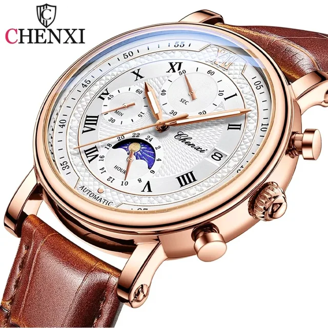 CHENXI Men Watch Roman Numerals Chronograph Date Wristwatch Male Leather Watches