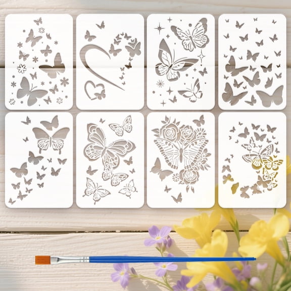 8 Pcs Flying Butterflies Painting Stencil with Brush 8.3x11.7inch Butterfly Pattern Drawing Template Butterfly Silhouettes DIY Art Stencil