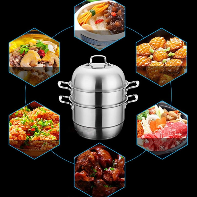 Thick-bottomed Stainless Steel Steamer Pot 2 Tier Food Steamer for Cooking Multipurpose Cookware with Tempered Glass Lid for Vegetable, Tamale