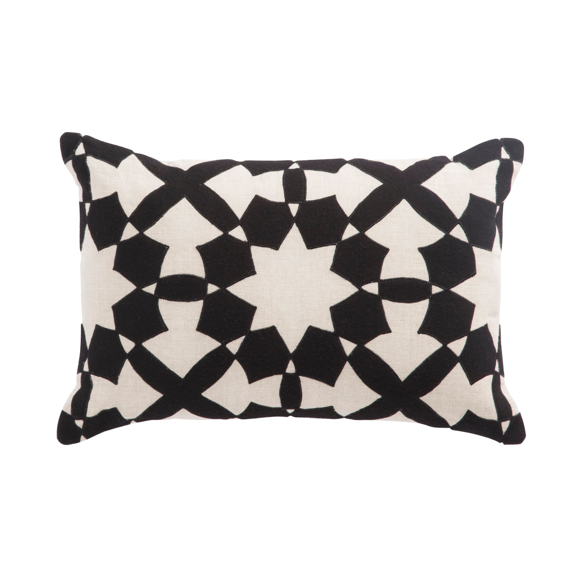 24" Ivory and Black Contemporary Rectangular Throw Pillow Down Filler