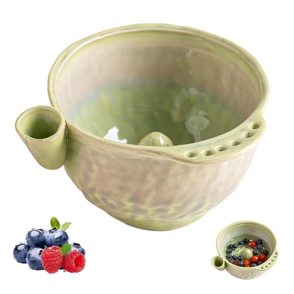 Self- Berry Washing Bowl, Ceramic Washer Bowl with Drainage Holes for Kitchen Counter, Fruit Rinse Colander for Strawberries Blueberries Grapes Tomatoes and Small Produce