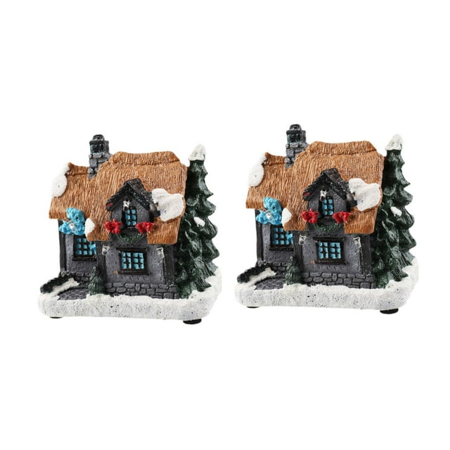 2 piezas de figura de pueblo navideño iluminado, adorno de escritorio de resina, regalo de Navidad para estante, festival, sala de estar, fiesta, Marrón Gris