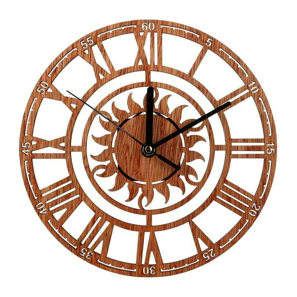 Sun Shaped Round Roman Numeral Wood Hanging Clock Wooden Clock Home Office Shop Decorative Wooden Hanging Clock