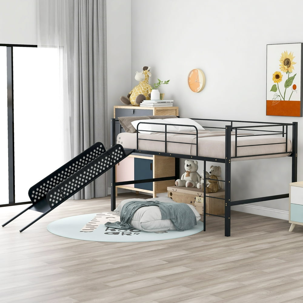 Twin Loft Beds for Kids, Metal Loft Bed with Slide, Black Loft Bed with