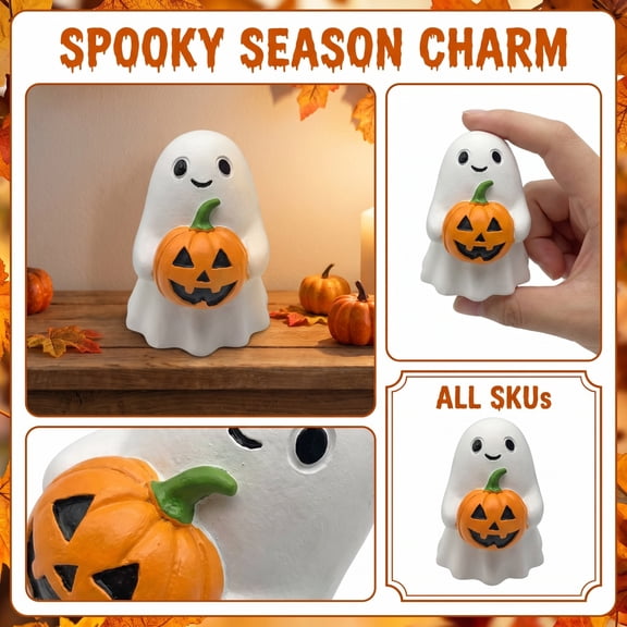 Pumpkin-Holding Cute Ghost Resin Figurine Halloween Decor – Mini Smiling Ghost Table Statue Fall Decorations for Home– Desktop Mantel Indoor Halloween Ornament