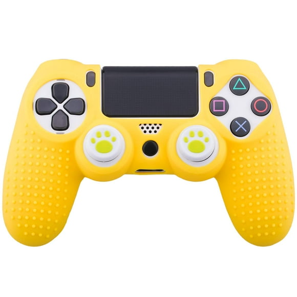 IBAOLEA Silicone Rubber Cover Skin Case x 1 Anti-Slip Studded Dots Customize for PS4/SLIM/PRO Controller x 1(Yellow) + Cat Paw Thumb Grips x 2 yellow