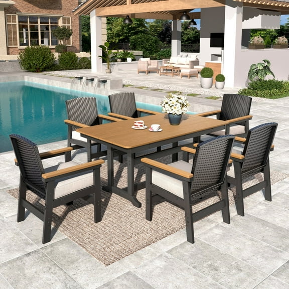 MF Studio 7-Piece Patio Dining Set, HDPE Wood-Grain Outdoor Table & 6 Weatherproof Rattan Wicker Chairs with 3.2" Cushions, Black