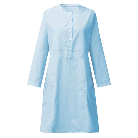 SwiftWear ​Womens Long Sleeve Button Front Cotton Linen Mid-Dress - Plus Size M-5XL | Casual Pocket Design | Relaxed Fit ​