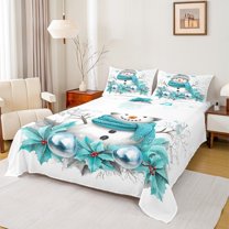 jejeloiu Snowman Full Size Sheets,Cyan Xmas Leaves Bed Sheets,Merry Christmas Sheet Sets For Girls Boys,Ultra Soft Home Decor,4 Pieces