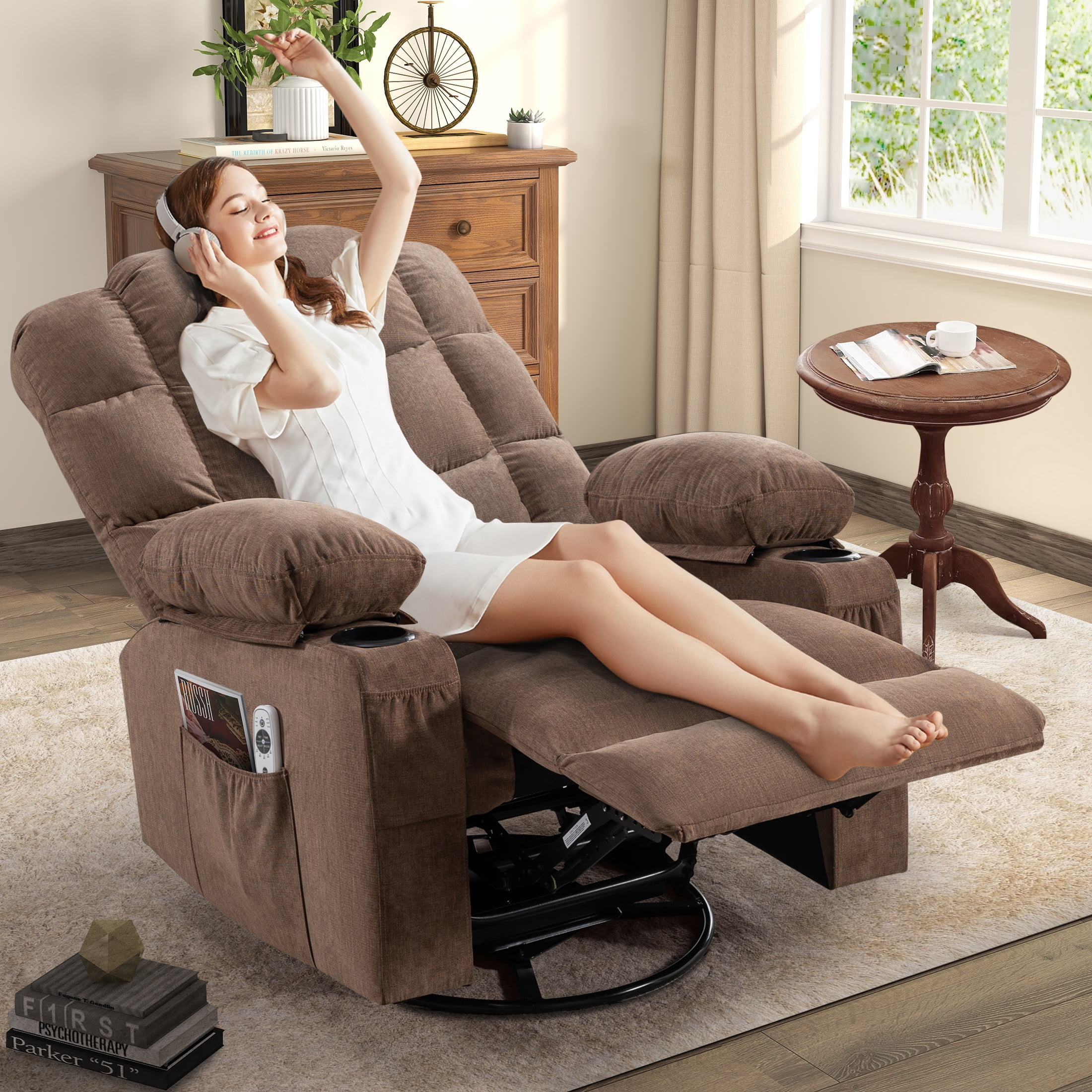 Sesslife Swivel Rocker Recliner Chair with Heat and Vibration Massage, Manual Fabric Lounge Chair with Side Pockets, 2 Cup Holders, USB Charge Port, Single Sofa Chair for Bedroom Theater, Brown