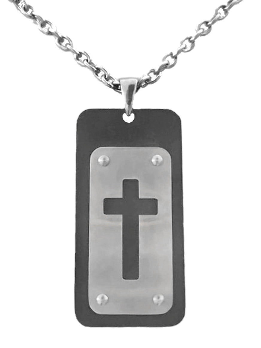 Large Mens Stainless Steel Cross Dog Tag Prayer Necklace - 30 Inch ...