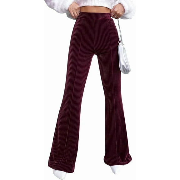 Women's Velvet Flared Pants High Elastic Waist Striped Palazzo Trousers for Fall Winter