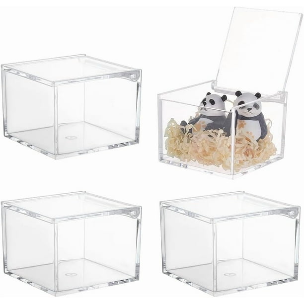 Caja de acrílico transparente de 4 piezas, 3 x 3 x 2,3 pulgadas, cubo cuadrado con tapas, minicaja de exhibición, cajas de almacenamiento transparentes