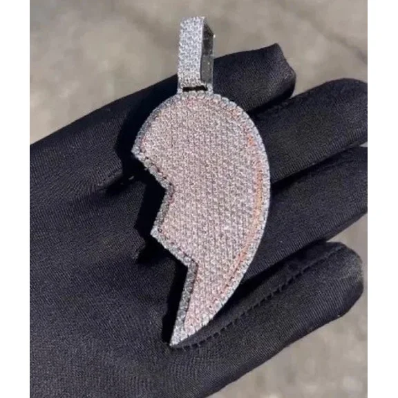 Men Half Broken Heart Pendant 14K White Gold Over 3Ct Round Cut Real Moissanite