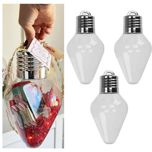 Paquete de 3 frascos de regalo con forma de bombilla navideña | Botellas decorativas de acrílico transparente con tapas metálicas | Contenedores para adornos navideños, dulces, regalos y decoración