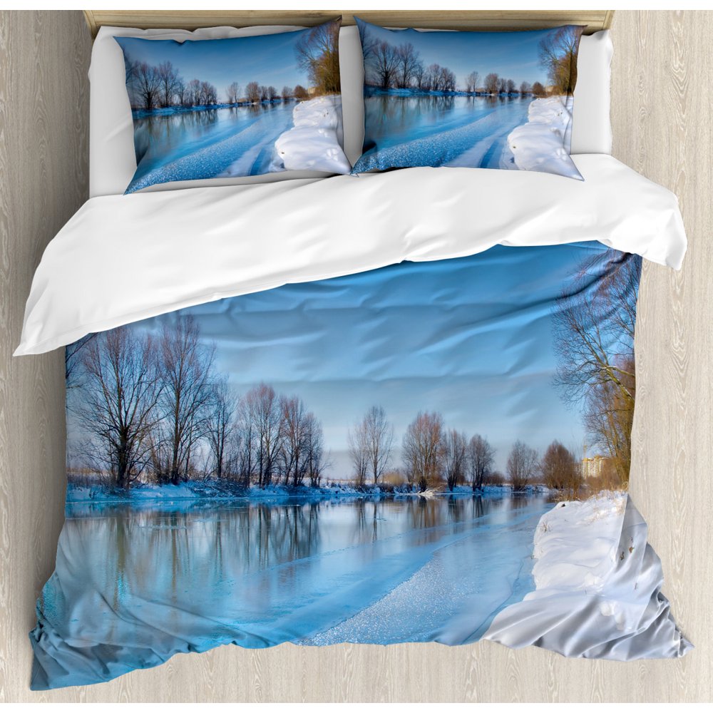 Winter Queen Size Duvet Cover Set, Snow Covered Frozen Winter with Clear Open Sky Photograph