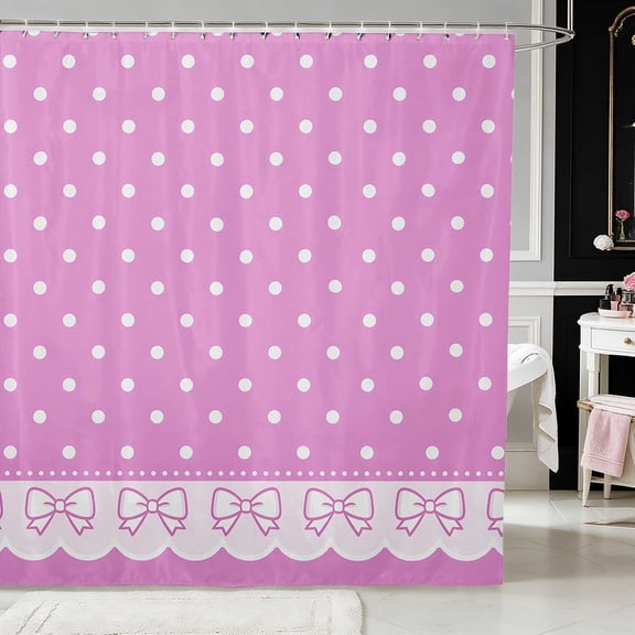 Erosebridal Purple Polka Dot Bow Lace Shower Curtain 72Wx72L for Girls, Girly Retro Spotted Stripe Waterproof Bathroom Curtain