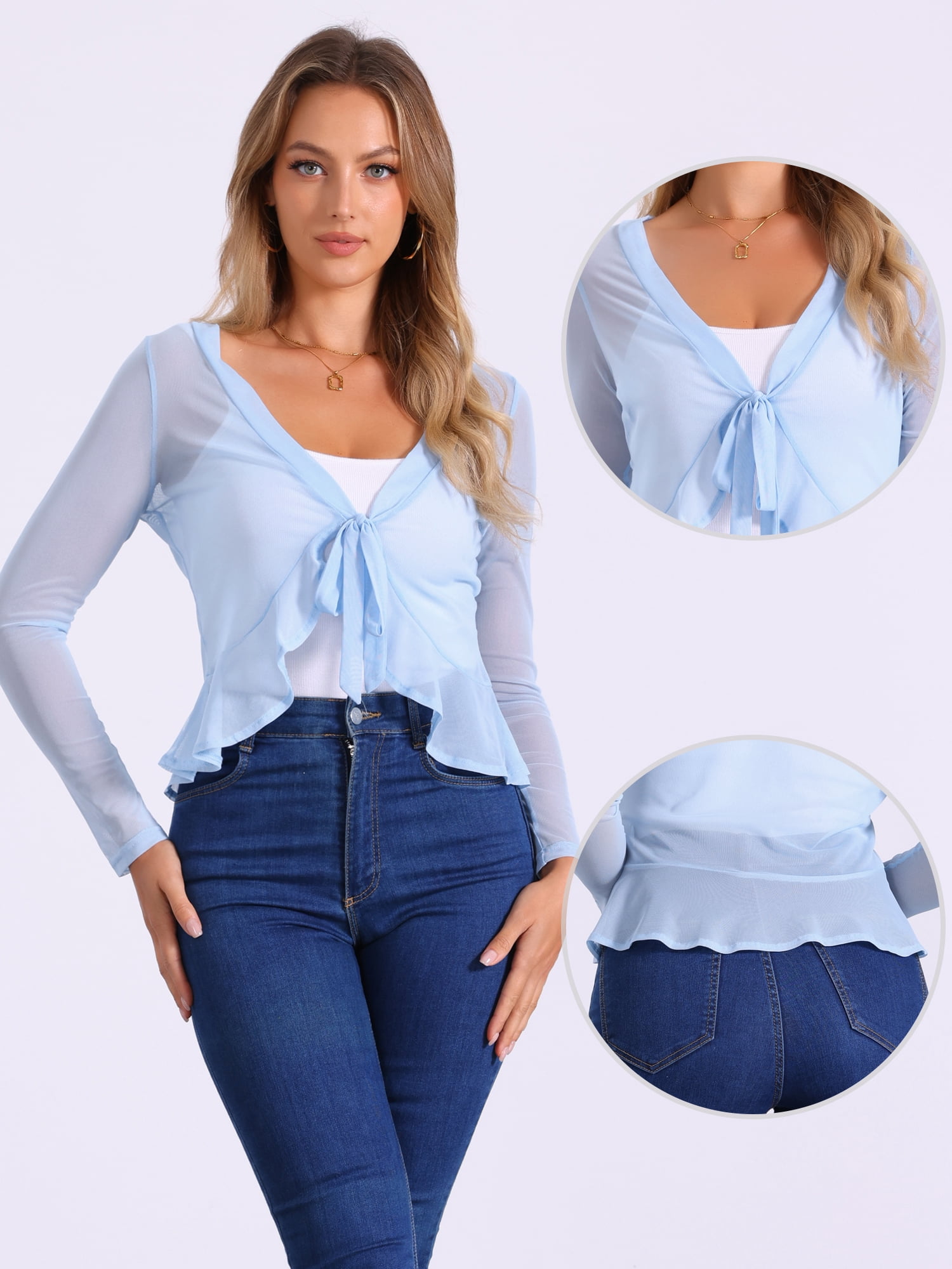 DARING DIVA Women's Ruffle Mesh Shrug Long Sleeves Self Tie Casual Bolero Cardigan L Light Blue