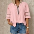 thumbnail image 2 of vigerkar Women Dressy Zipper Tops Summer Casual V Neck Mesh Panel 3/4 Bell Sleeve Loose Blouse Top Pink, S, 2 of 5