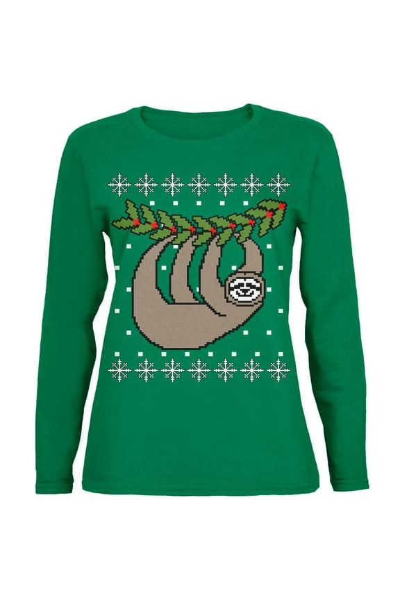 Big Hanging Sloth Ugly Christmas Sweater Womens Long Sleeve T Shirt Green MD