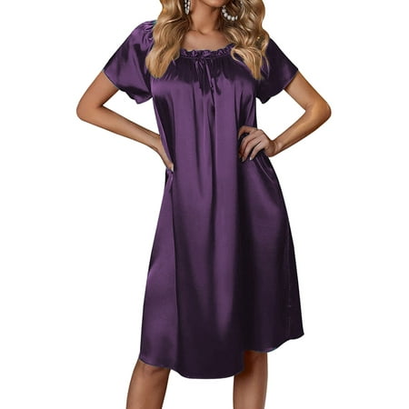 

UKAP Women Sleep Dress Satin Night Gowns Crew Neck Nightgowns Nightdress Pajama Nightwear Sleepwear Purple M