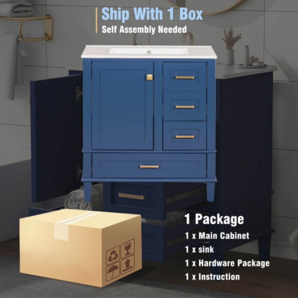 30" Bathroom Vanity with Ceramic Sink, Freestanding Bathroom Cabinet, Soft Close Door, 3 Drawers, Solid Wood Frame, Blue