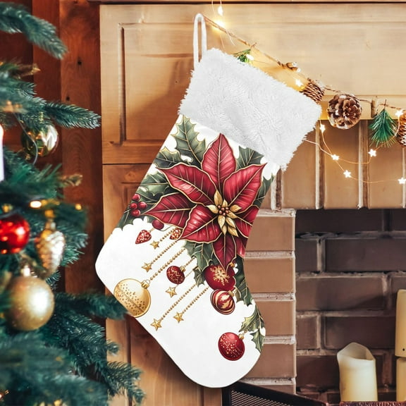 Ryvnso Christmas Stockings Christmas Elements Poinsettia Flowers 17.7" Large Stocking Decoration 1 Pack