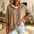 thumbnail image 4 of Women's Plus Size Hooded Knit Sweater Oversized V Neck 3/4 Batwing Sleeve Drawstring Hoodies Loose Tunic Pullover Winter Layering Tops Khaki, 4 of 5