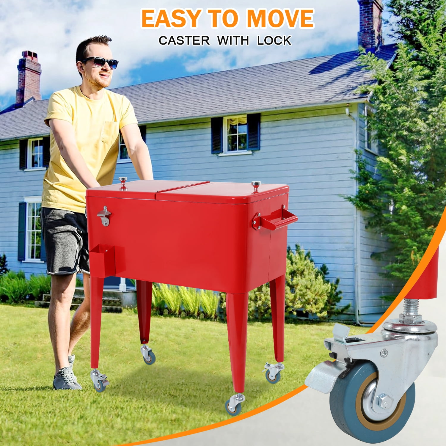 80 Quart Outdoor Cooler Cart Rolling Ice Cooler Ice Chest with Wheels Portable Drink Cooler for Parties, Poolside, Patio, BBQ Beach（Red）