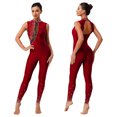thumbnail image 5 of Raenseen Womens Sparkly Rhinestone Gymnastics Romper Sleeveless Unitard For Rhythmic Dance Competition Burgundy XXL, 5 of 5