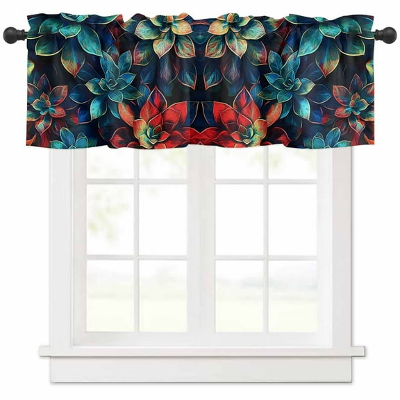 Teal Red Succulent Valances for Windows Farmhouse Kitchen Curtains Valances Rod Pocket Valance Curtains for Kitchen Windows Abstract Vintage Botanical Window Valances for Bathroom Bedroom 60"x18"