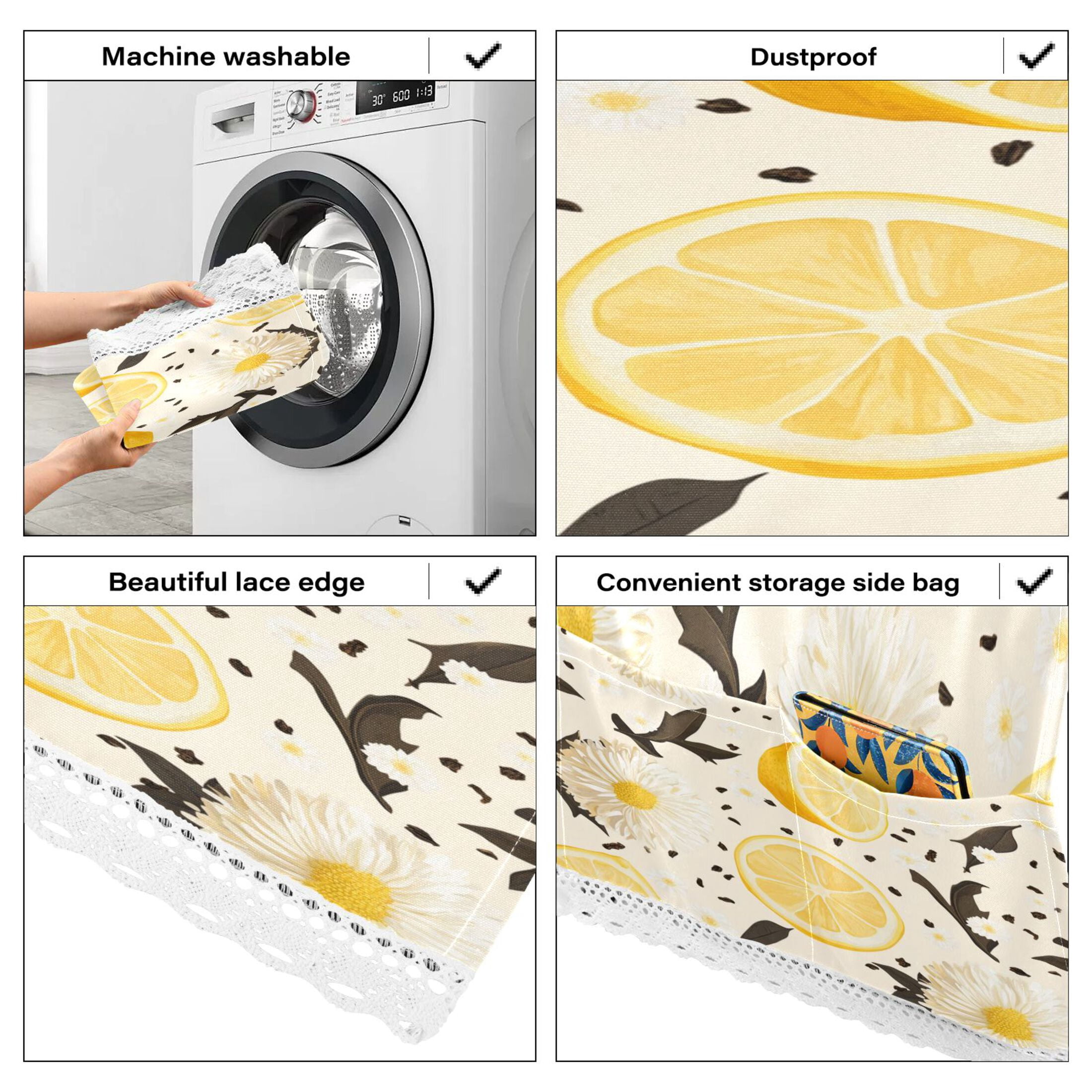 Lemon and Chamomile PatternWasher and Dryer Covers Dust-Proof and Oil Resistant Fridge Cover with 4 Storage Pockets Washing Machine Top Cover for Laundry Kitchen Home 51.2 x 22 In