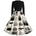 thumbnail image 5 of Halloween Dresses for Women Bat Ghost V Neck 1950s Cocktail Vintage Tea Length Dress Long Sleeve Hepburn Cute Classic Dresses with Belt S, 5 of 5