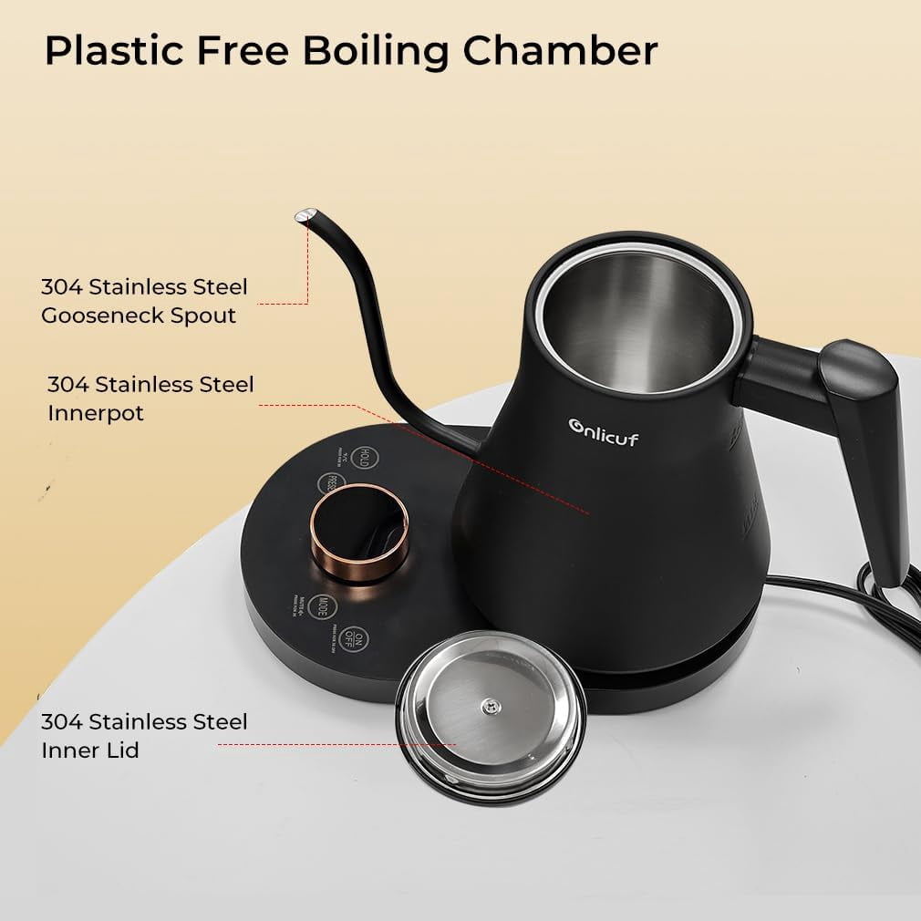 Gooseneck Electric Kettle with 7 Presets & ±1 ° F Precision Temperature Control, Pour Over Coffee & Tea Kettle, Hot Water Boiler, Stainless Steel Inner, 1000W/0.8L, Matte Black
