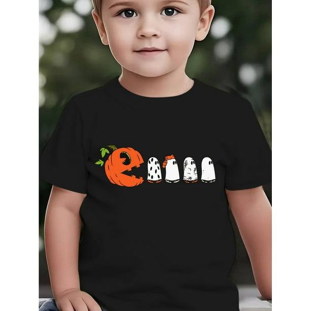 Boys' Halloween Short Sleeve T-Shirt - Cute & Pumpkin Print with Spooky Bats & Cobwebs - Soft Round Neck Casual Summer Top for, easy-Care everyday & Party outfit, Holiday Celebration