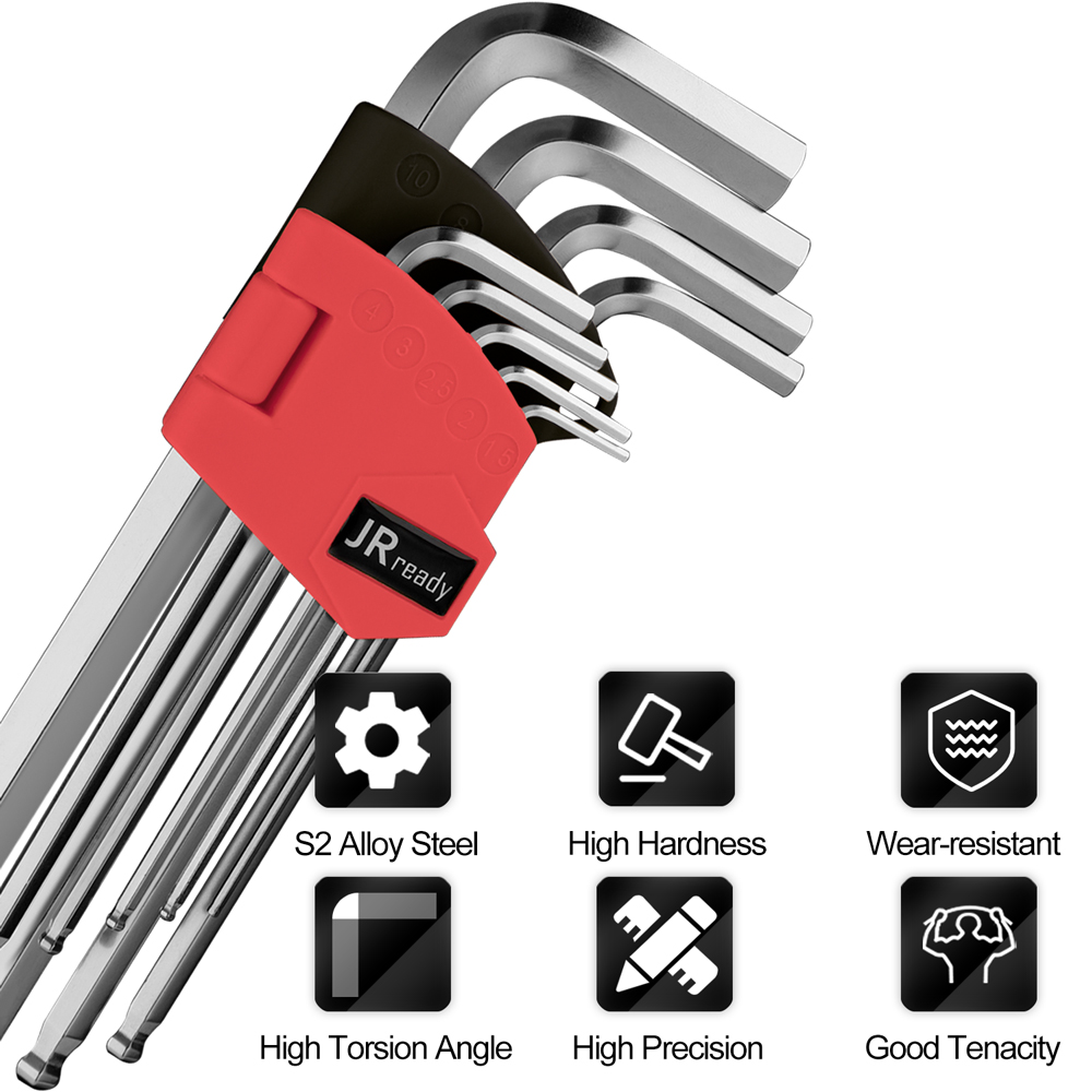 JRready 9Pcs Allen Wrench Set Metric Ball Head Hex Key , S2 Industrial Grade L Type Screwdriver Mechanical Maintenance Tools For Heavy Duty Use AW-M0910 - image 3 of 8