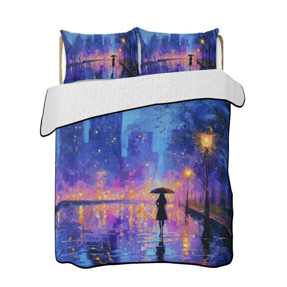 Quilts Queen Size Bedding Set, Purple Silhouettes Reversible Summer Quilt 3 Pieces, Modern Abstract Art Aesthetics Lightweight Bedspreads Coverlets with 2 Pillow Shams for All Seasons