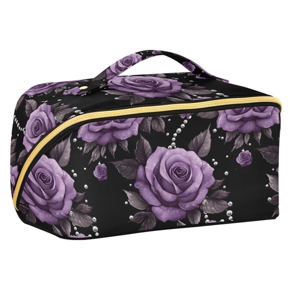 FORMRS Makeup Bag Travel Cosmetic Organizer for Women Fold Flat Zipper Pouch with Handle, Black Roses