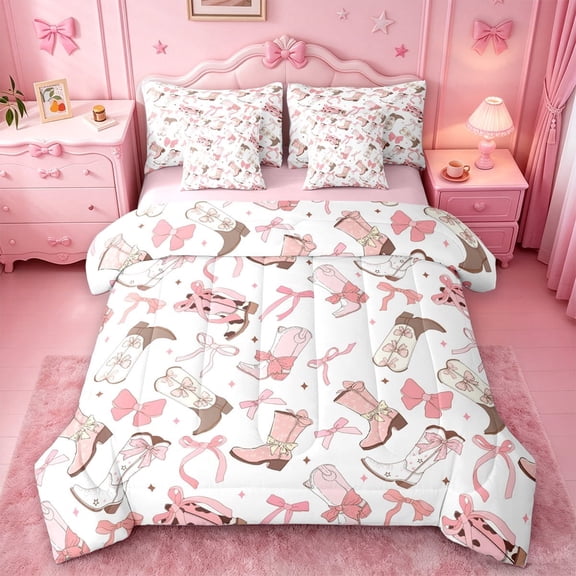 meiyoeat Pink Ribbon Bows 7 Pieces Full Size Bedding Sets For Girls,Fashion Western Cowgirl Boots Full Size Bed in a Bag For Kids,Pink Reversible