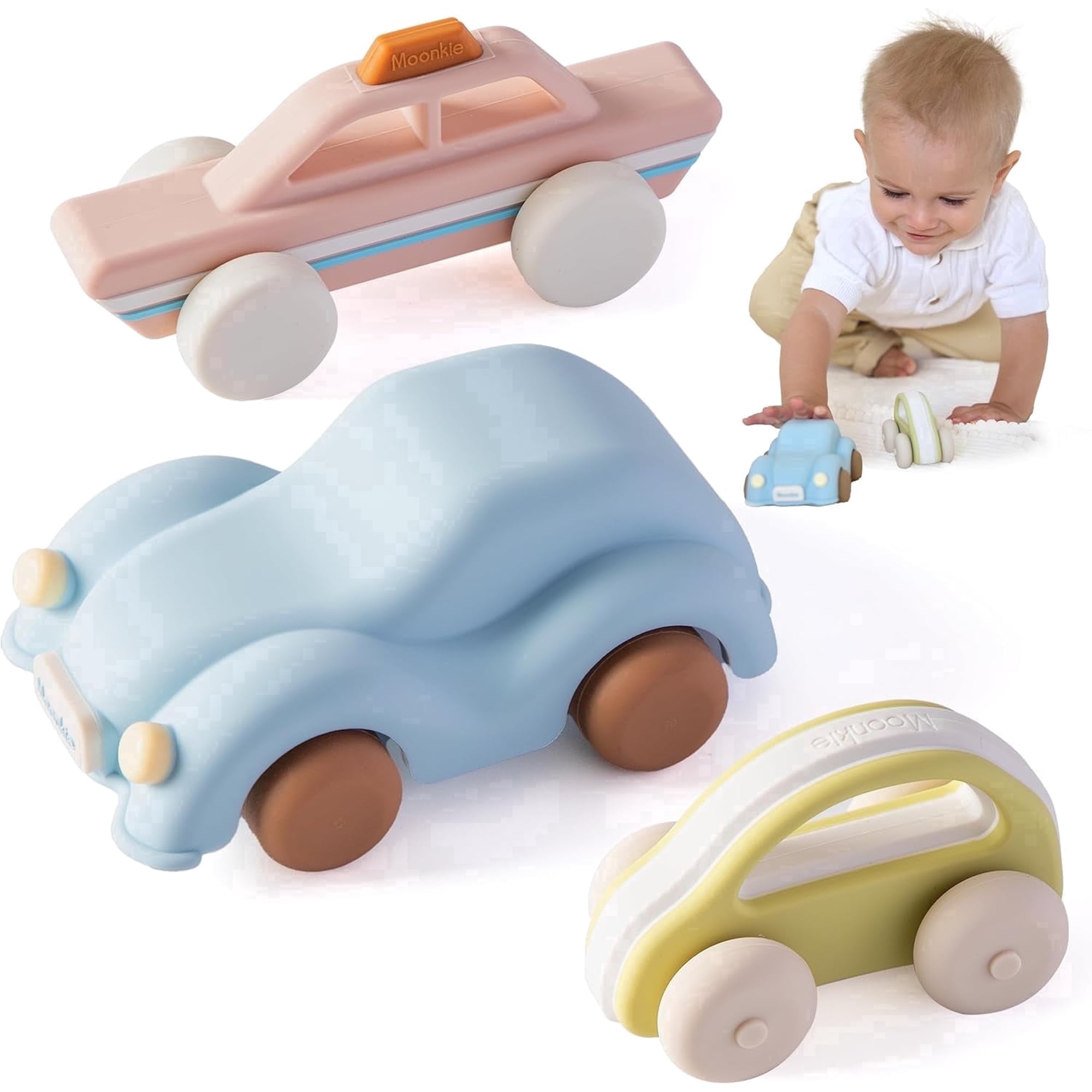 Moonkie Food Grade Silicone Toy Cars for Toddlers 1-3, Push and Go Baby Car Toys, One-Piece Design Infant Toys, Easy to Clean & Grasp, 3 Pack