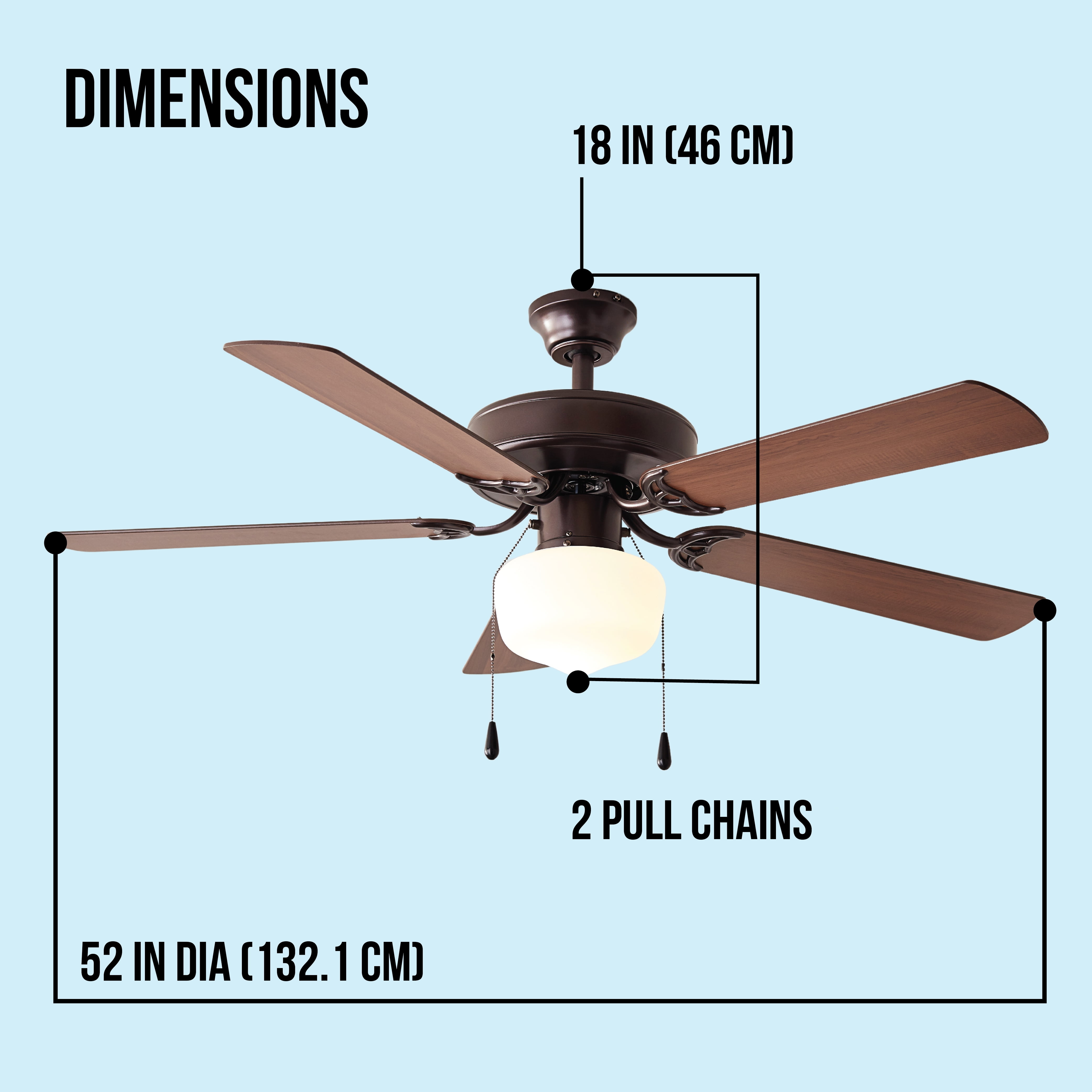 Mainstays 52 inch Downrod Ceiling Fan with Light Kit, Bronze, 5 Blades, Reverse Airflow for Bedroom