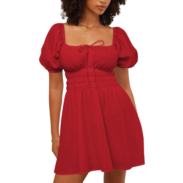 Vestidos de playa para mujer Vestido plisado con cuello cuadrado A Line para cóctel (Rojo M) FLhrweasw Para estrenar