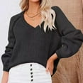 thumbnail image 3 of Jersey con cuello en V, Top de punto, moda, transpirable, manga larga, suéter suelto de punto para mujer, negro, M, 3 of 6