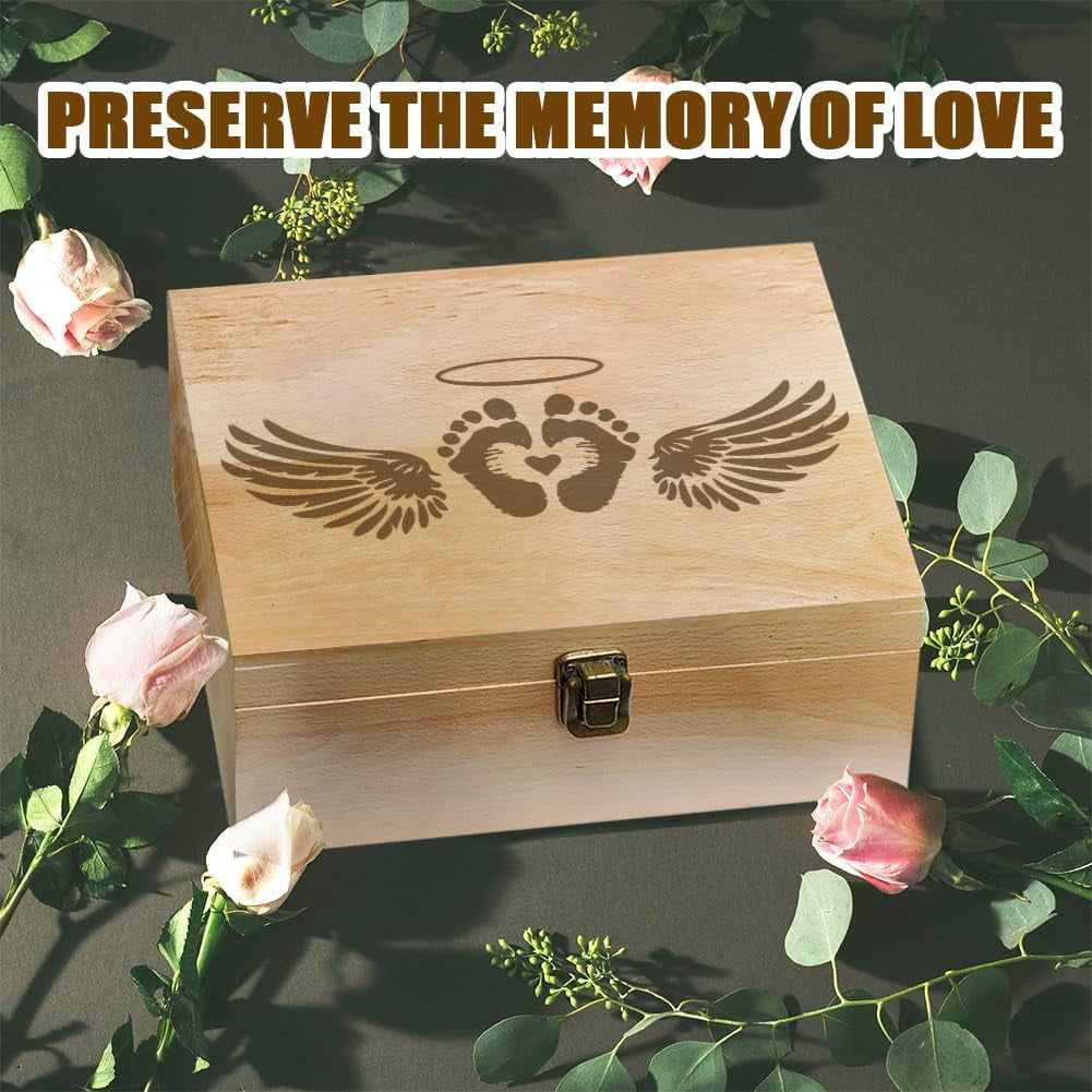 1 Pc Angel Footprints Wings Wooden Memory Keepsake Box Box with Hinged Lid and Lock Storage Box Stash Box for Son Daughter Photo Letter Growth Commemoration 7.6x9.6x4inch(19.5x24.5x10.3cm) BurlyWood