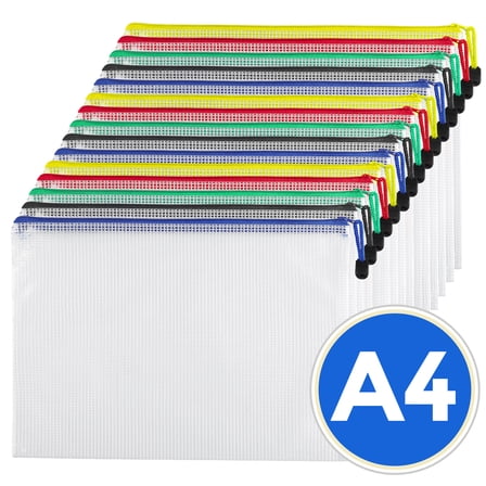 MaxGear 15-Pack A4 Mesh Document Folders, Zipper File Pouches with 5 Colors, Waterproof PVC Ziplock Bags for School Office Supplies Organization