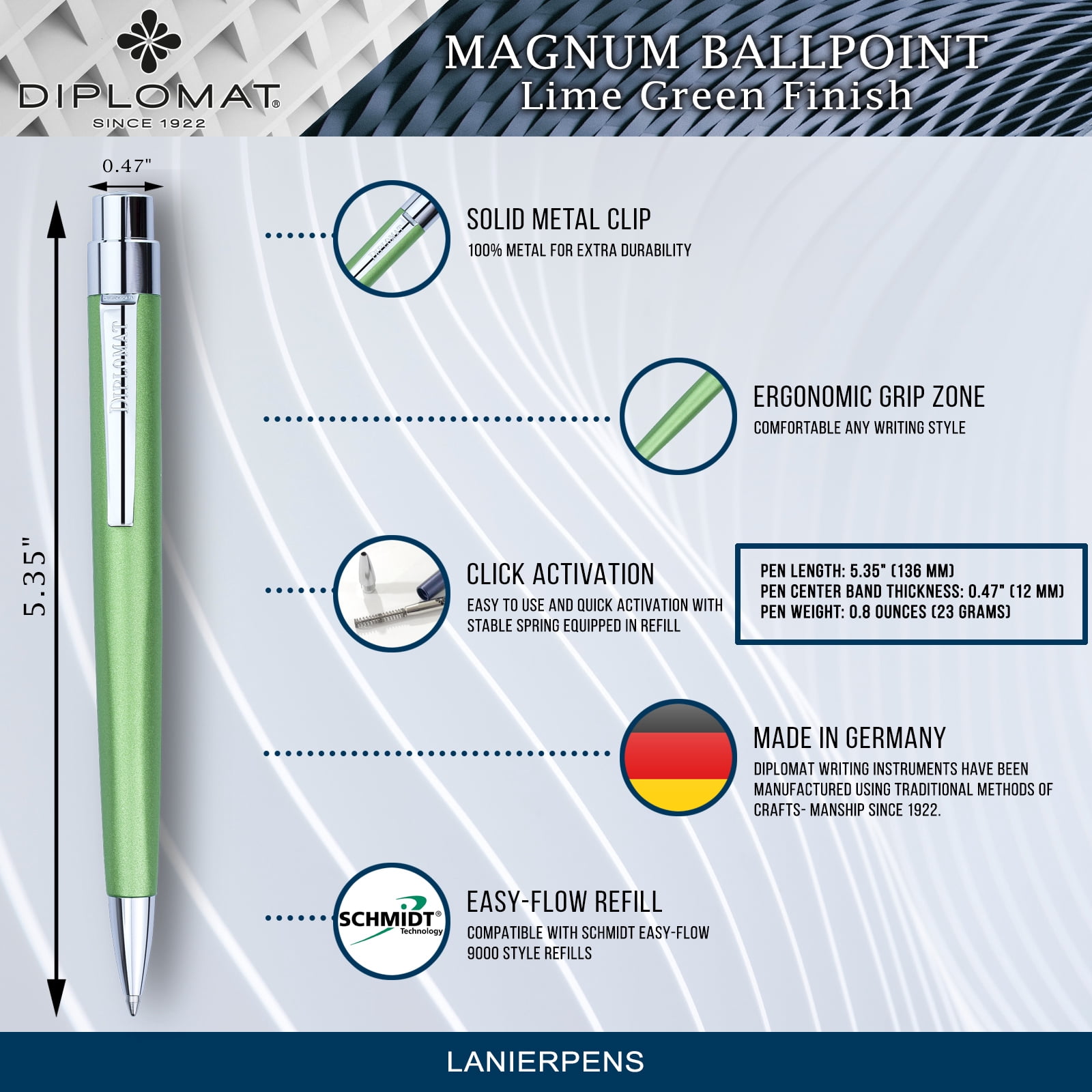 Diplomat Magnum Ball Point Pen - Lime Green (Black Ink, Medium Tip Refill)