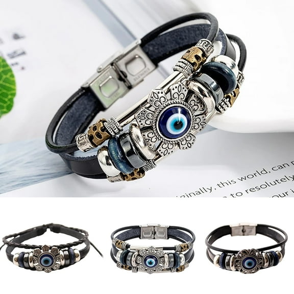 Naierhg Faux Leather Bracelet Bohemian Multilayer Beads Vintage Geometric Decorative Gift Men Women Turkish Evil Eye Charm Bracelet Jewelry for Daily Life