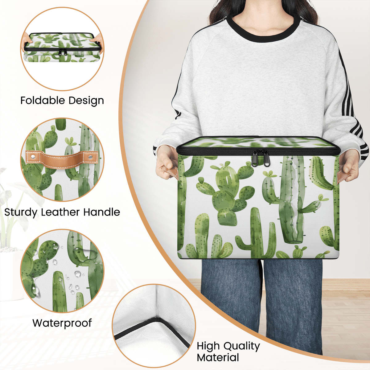 CURLYOOT Green Cactus Fabric Storage Bins with Lids, Cute Cactus Foldable Storage Boxes Washable Storage Cube, Closet Bedroom Home Organizer Containers with PU Leather Handles
