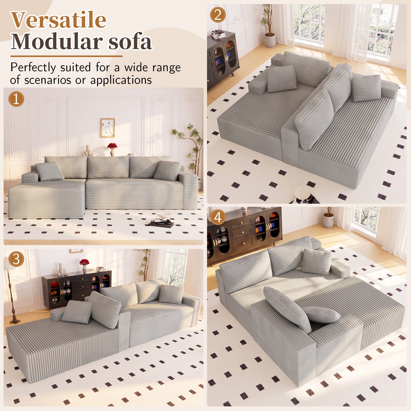 Lunale 105" Modular L-Shaped Sectional Sofa, Boneless Cloud Couch, No Assembly Required, Modern Deep Seat Corduroy Sofa for Living Room, Light Grey (Left Facing Chaise)